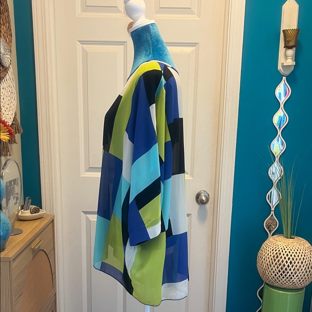 Allegra K Blue and Green Sheer Geometric Blouse - Picture 2 of 4